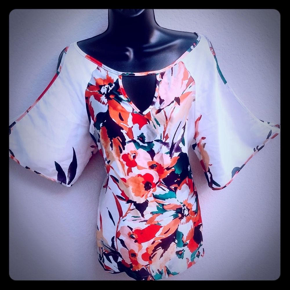Allen B Floral, Batwing, cold shoulder top.